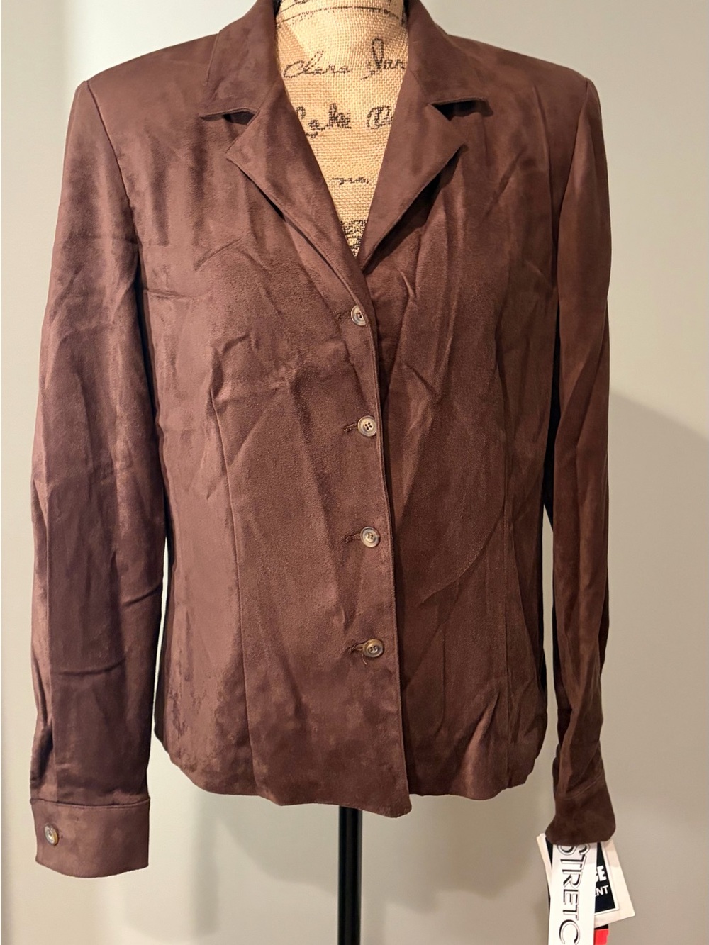 Vintage 90s David Warren New York Faux Suede Blazer Jacket Brown US 12 Stretch